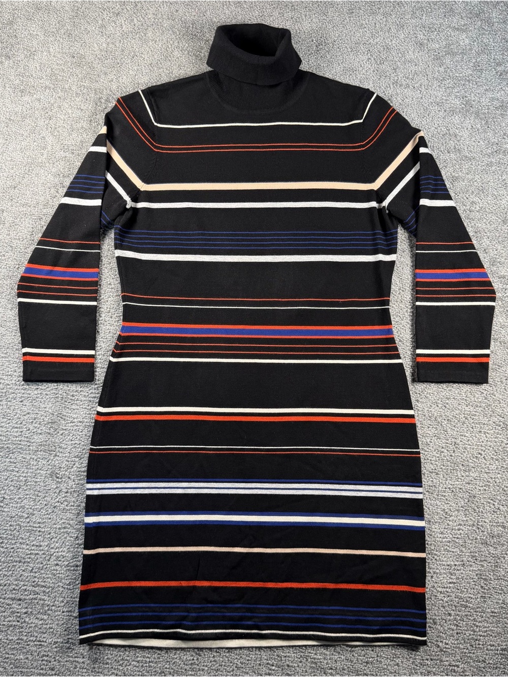 ETC  Turtleneck Sweater Dress Preppy Cozy Med Womens Black Striped Midi Stretch